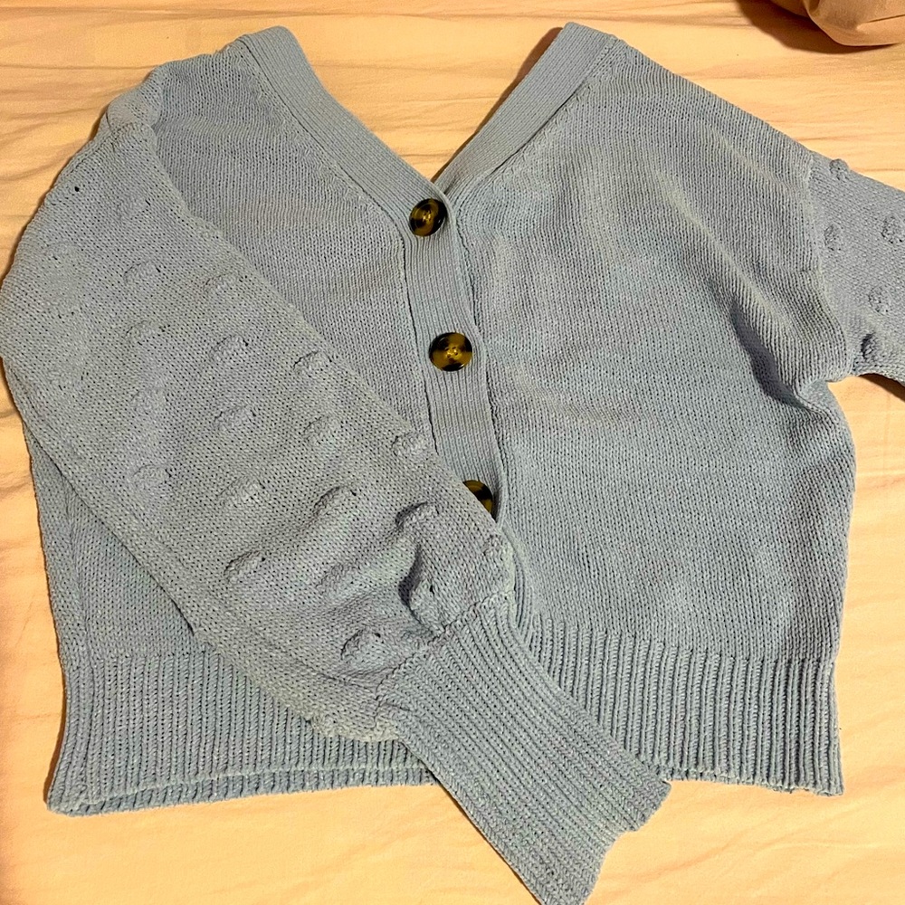 Moon and Madison light blue sweater/cardigan with four buttons